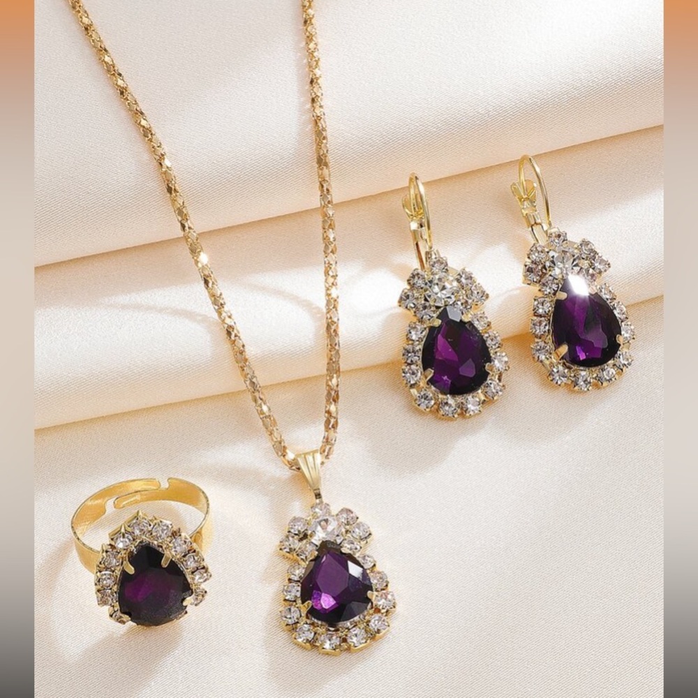 4pcs/set Water Drop Design Necklace, Earrings, Ring & Bracelet Jewelry Set